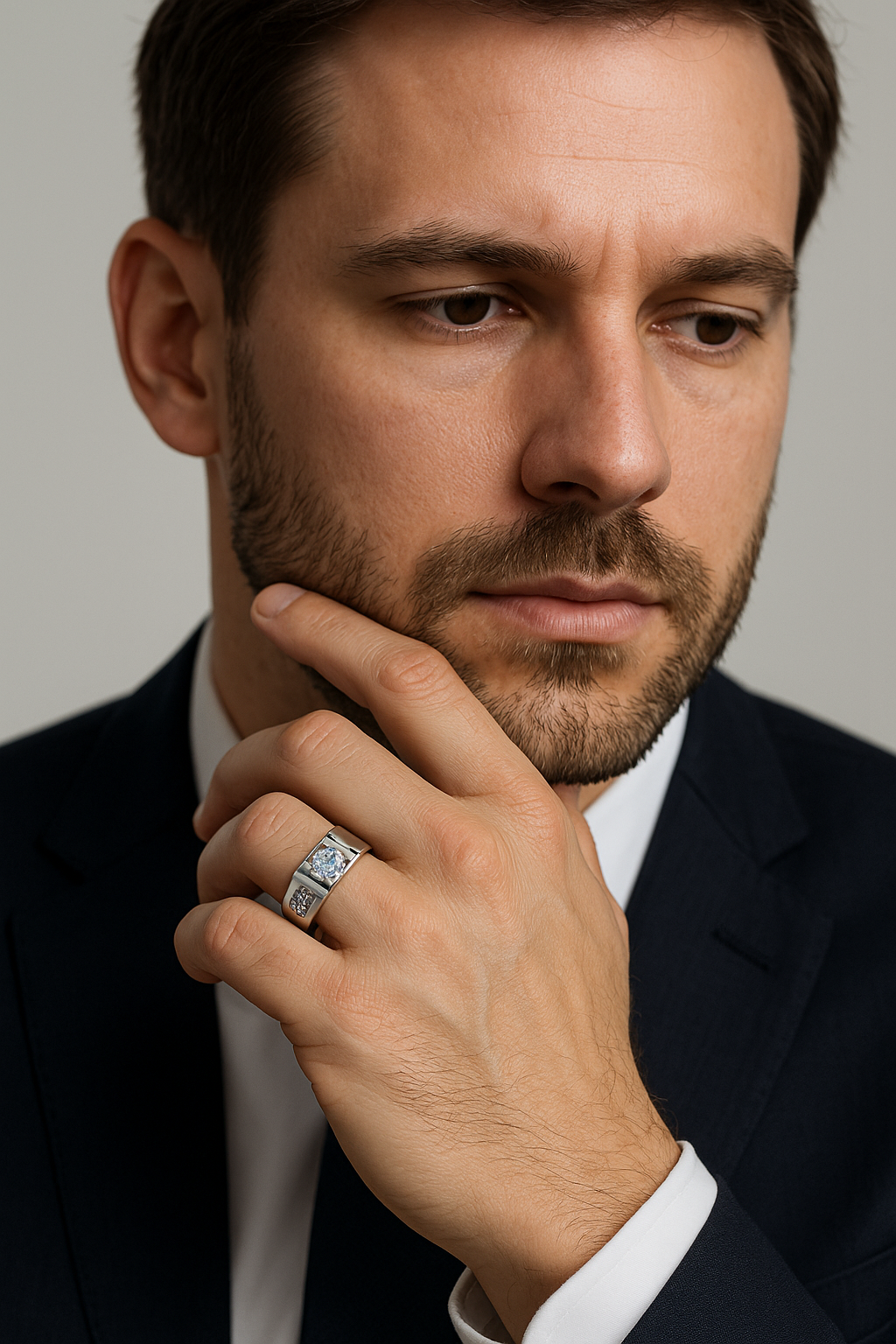 Man wearing a suit with a hand on his chin, featuring a ring.