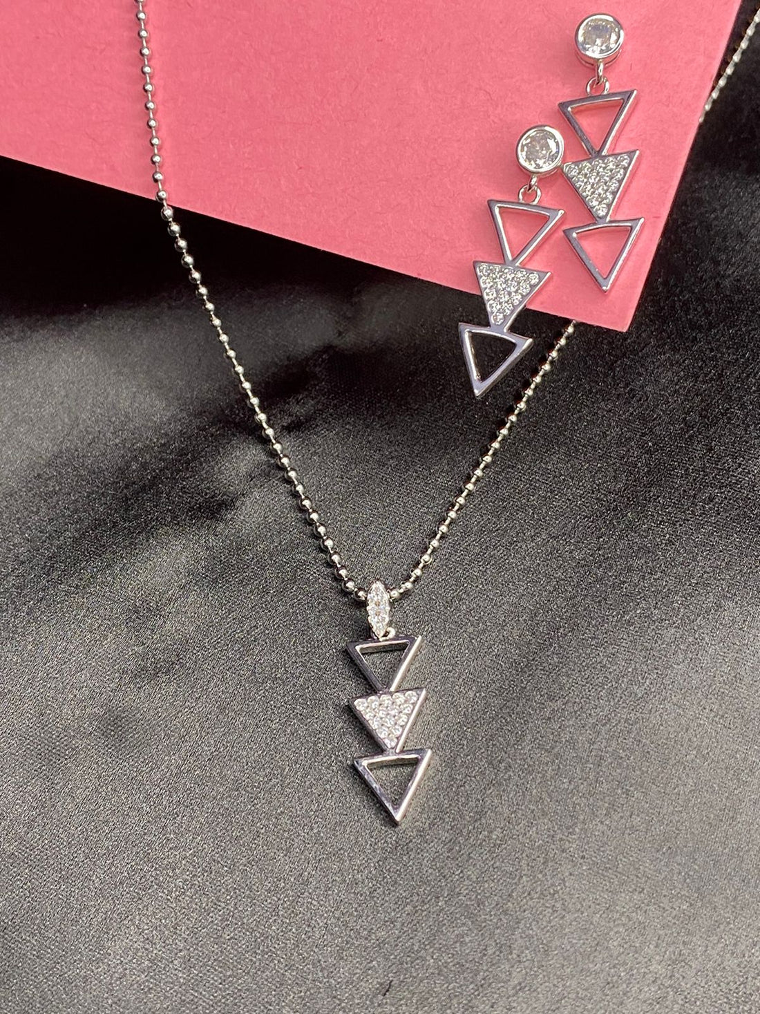 Three triangle pendent set with studded sarvoski in 92.5 HM Silver along chain