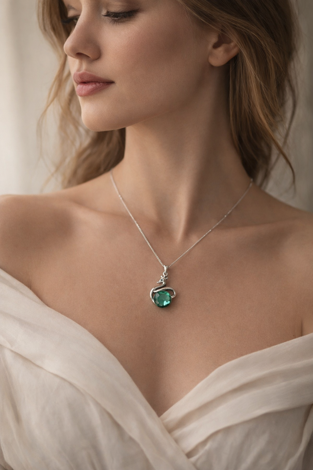 Beautiful Swan chain with Semi precious green stone in 92.5 HM Silver