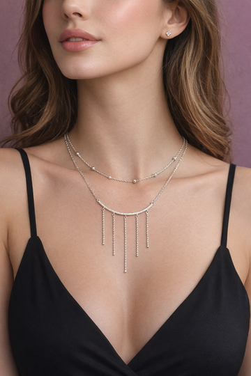 Double Layer Swarovski Tassel Chain – 925 Sterling Silver & Rose Gold Finish