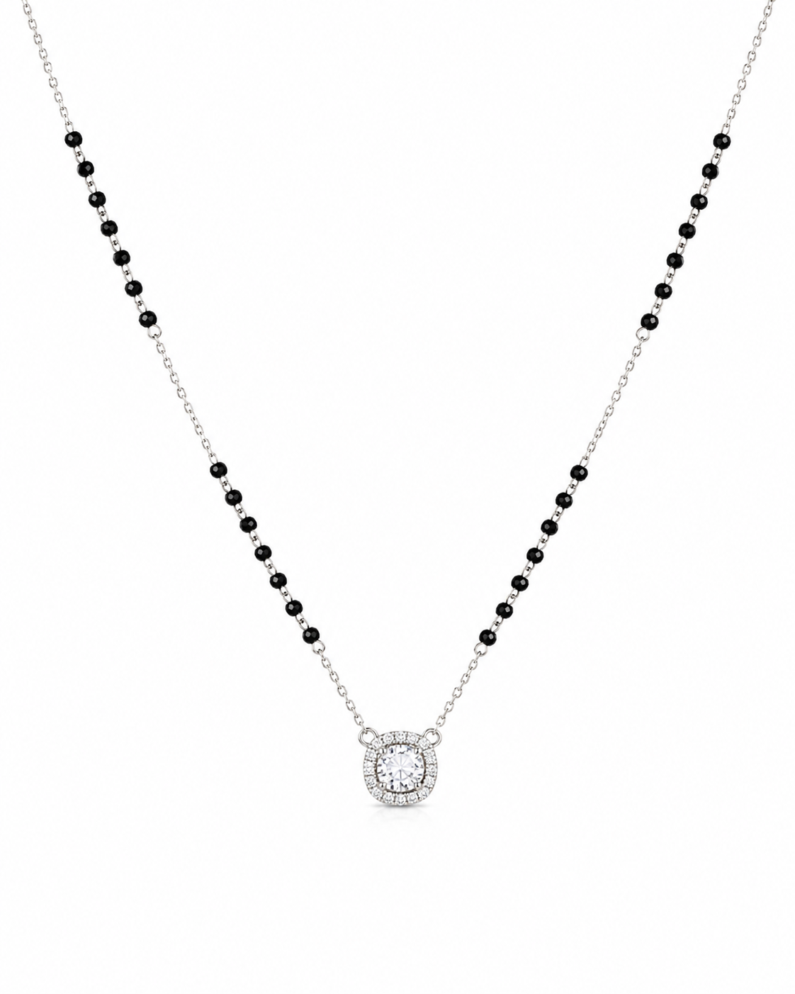Necklace with black beads and a silver clasp on a white background