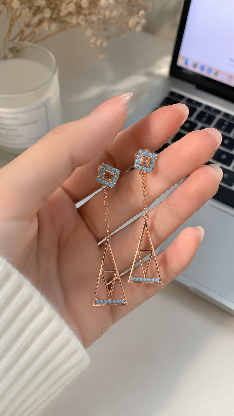 Sleek Rose Gold Dangler With Turquoise Stone In 92.5 Hm Silver