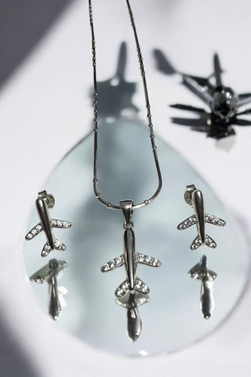 Pendent set with feel of Aeroplane with studded Sarwoski along chain in 92.5 HM Silver