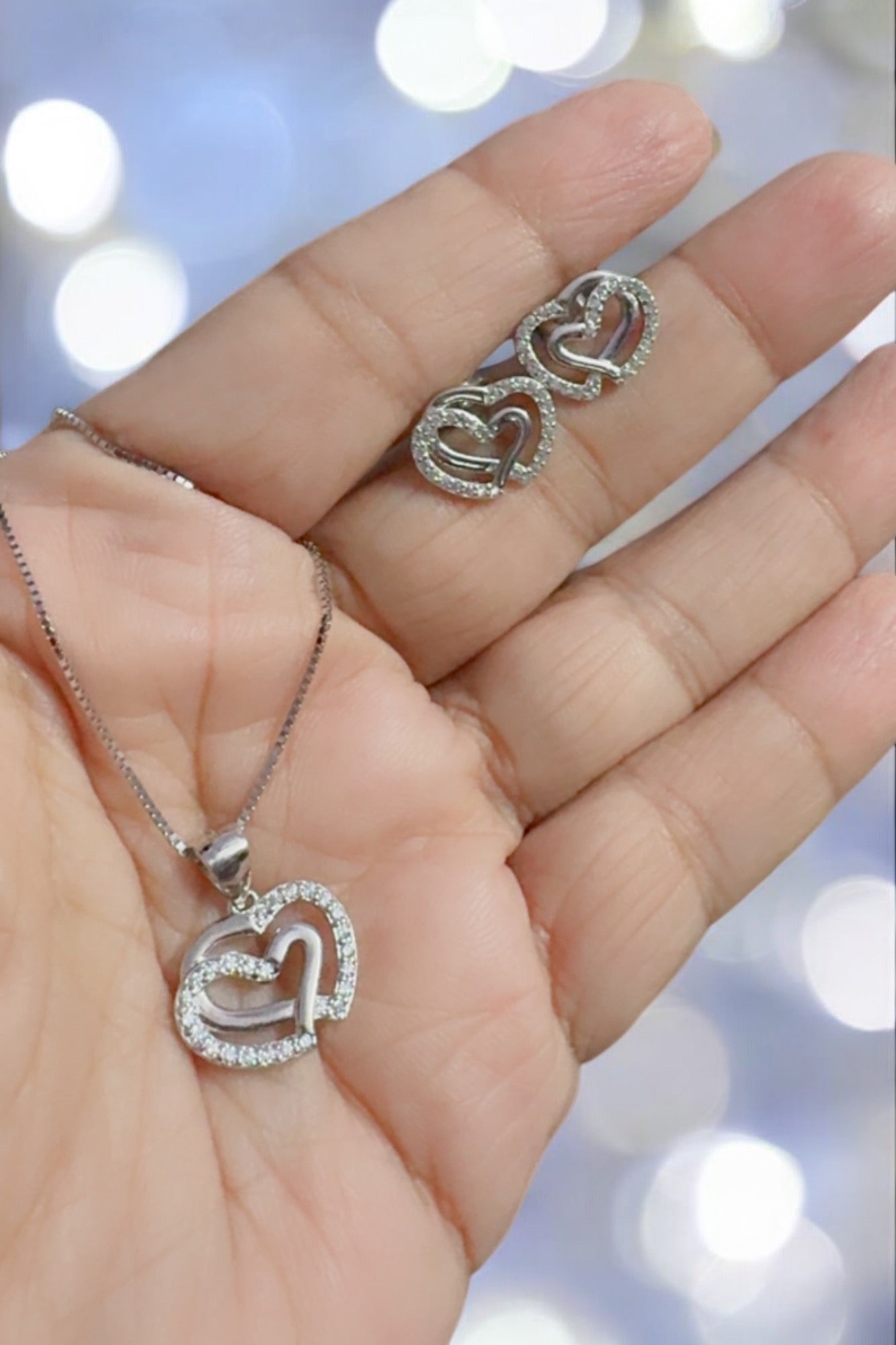 Double Heart Elegance Silver Pendant Set: 92.5 HM