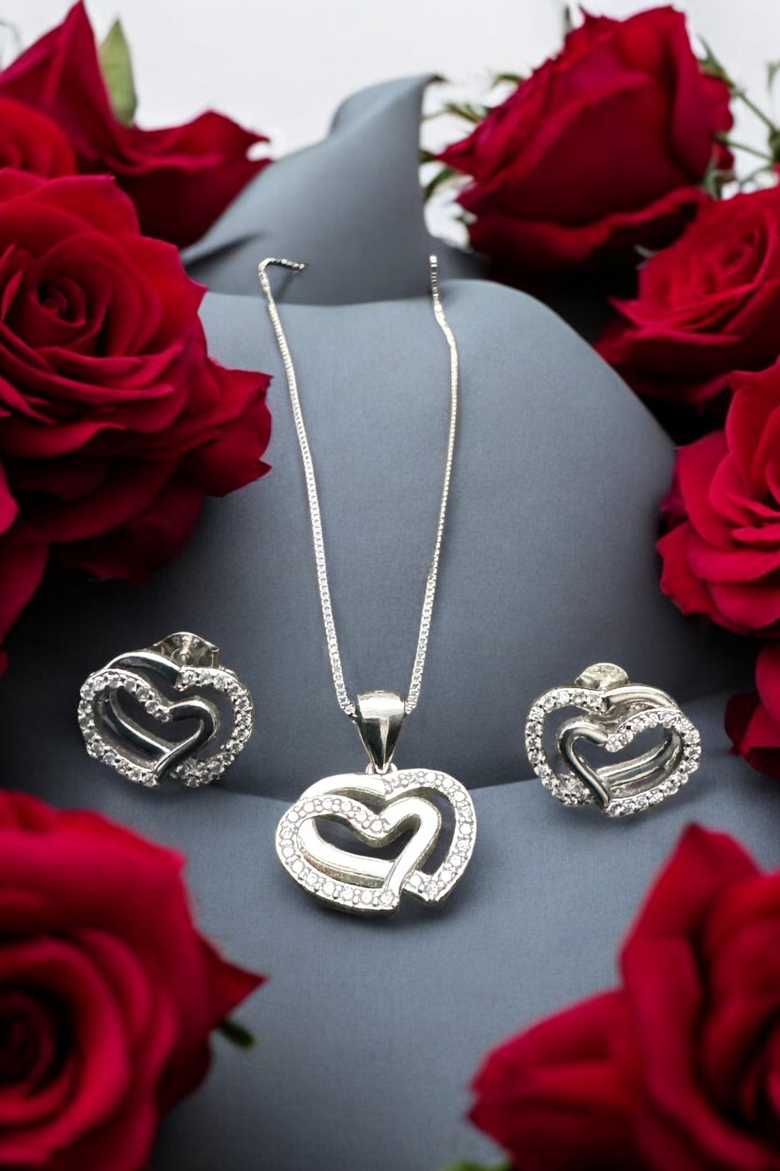 Double Heart Elegance Silver Pendant Set: 92.5 HM