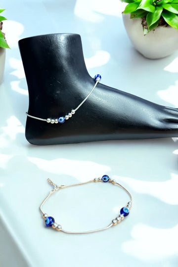 Evil Eye Anklet with Silver Balls in 925 Silver Rhodium