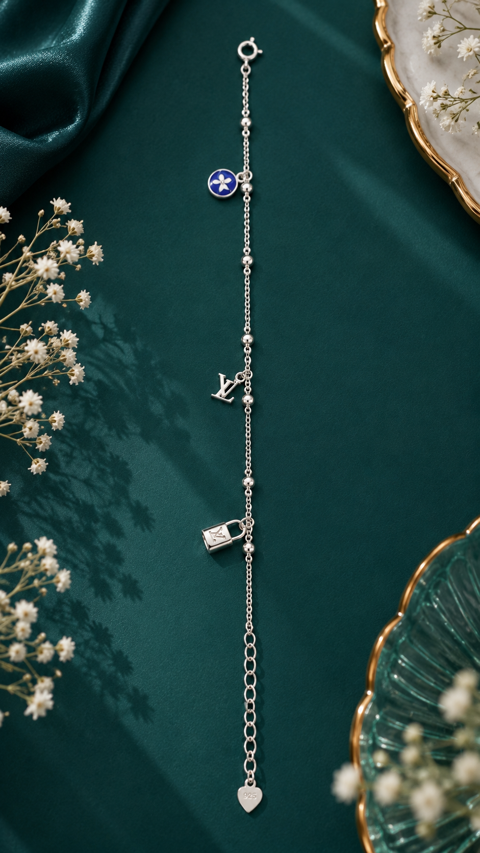LV Inspired Silver Heart Link Bracelet with Zircon Stones