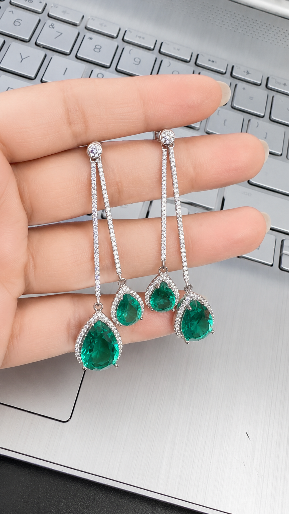 Luxury Emerald Green CZ Long Earrings in Sterling Silver