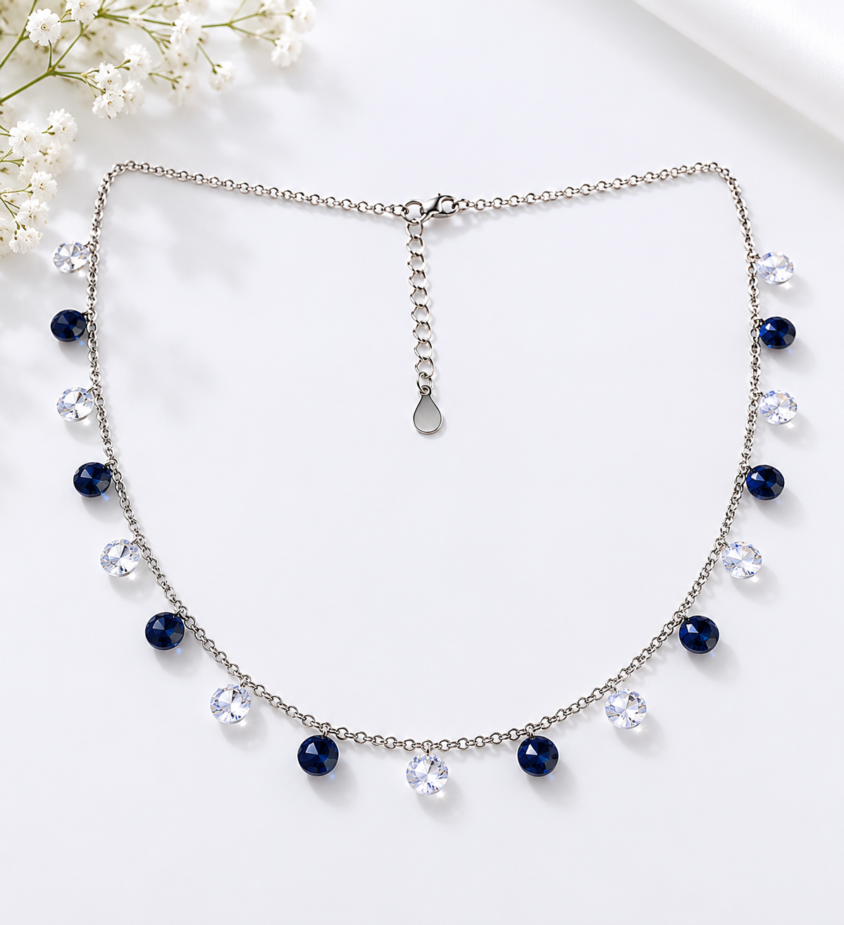 Luxury Silver Blue Crystal Necklace for Party & Office Wear