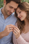 Man and woman looking at a ring together, possibly engaged.