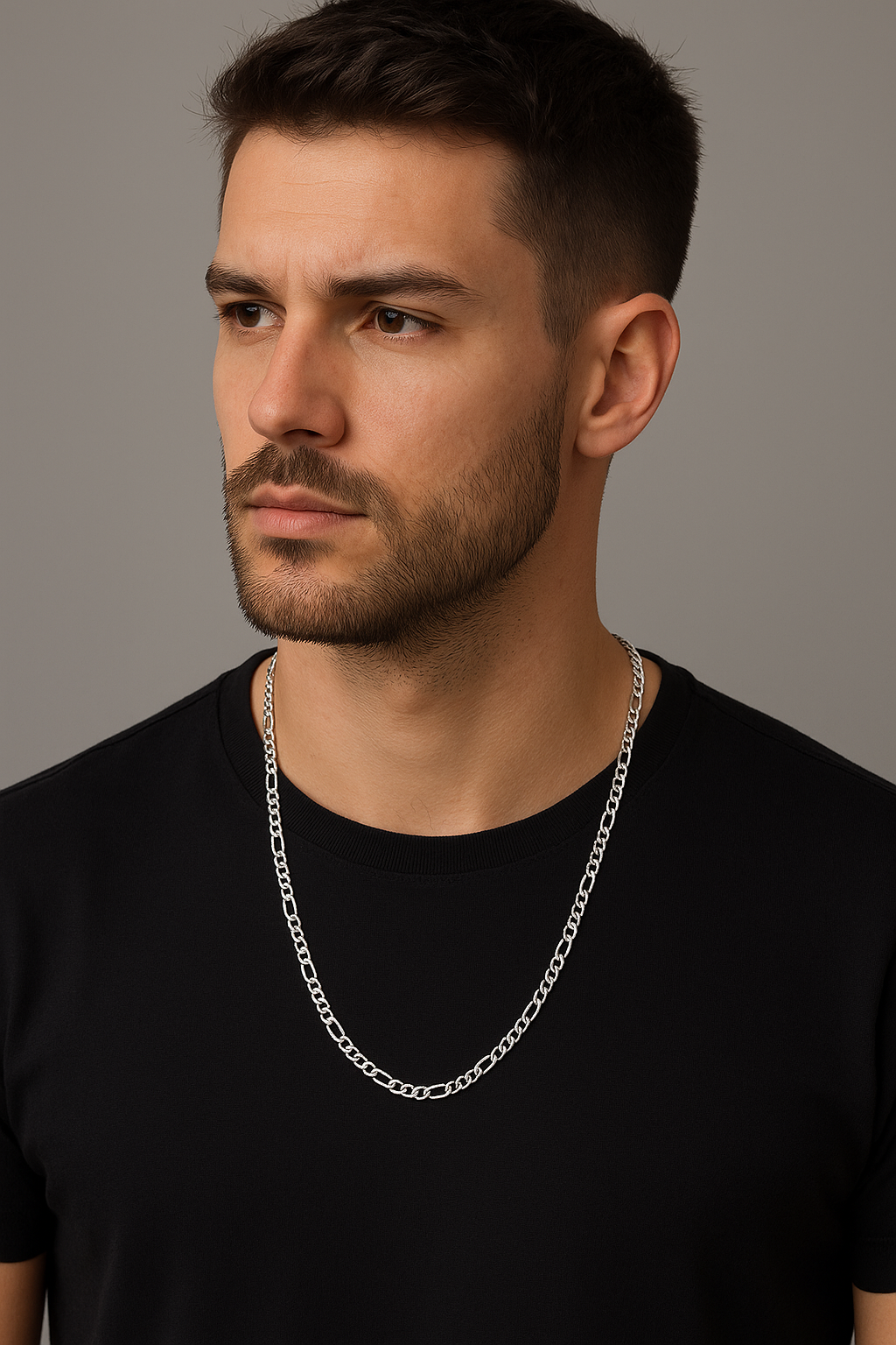 925 Sterling Silver Figaro Chain Necklace on Soft Matte Grey Background