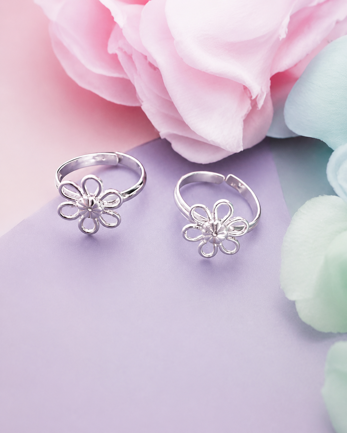Minimal flower design silver toe rings for girls