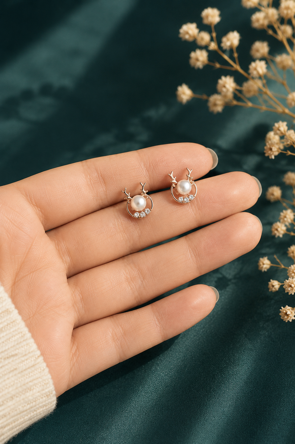 Minimalist Deer Antler Pearl Stud Earrings for Women in 925 Silver