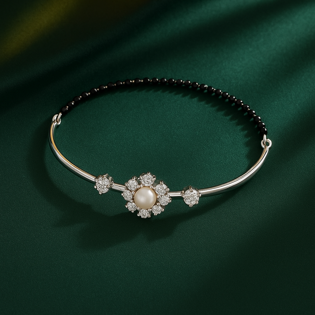 Nazariya Mangalsutra Style Black Bead Bangle Bracelet in 92.5 Sterling Silver with Pearl & CZ Flower