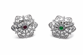 Pair of silver flower-shaped earrings with gemstones on a white background