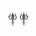 Pair of silver trident earrings on a white background
