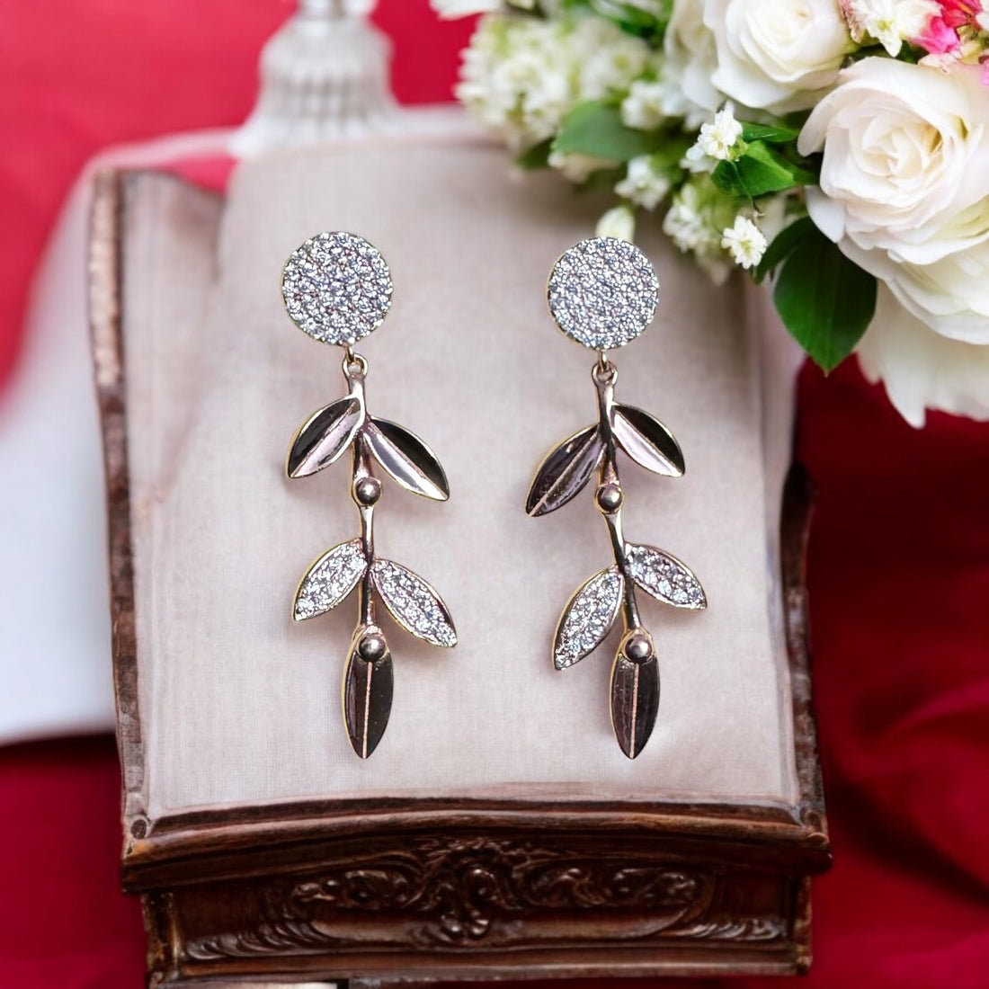 Leafy Pattern Rose Gold Polish Earrings in 92.5 HM Silver – Elegant Nature-Inspired Design