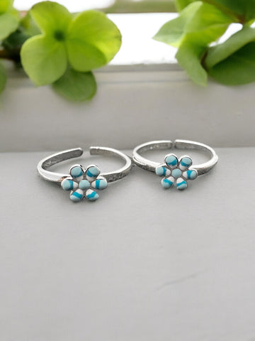 Blue Enamel floral shape Toe-Ring in 925 Silver