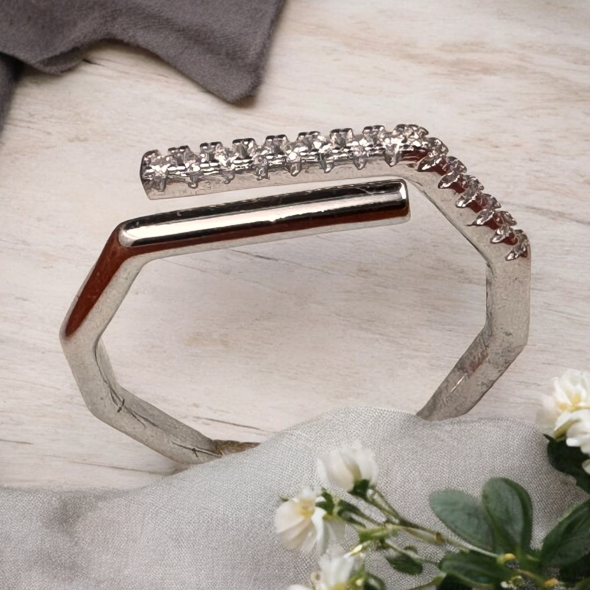 Geometric Polygon Line Open Adjustable Ring in 925 Silver