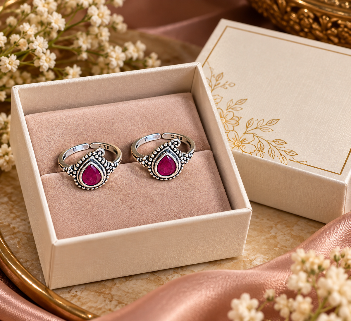 Premium silver toe ring pair with pink stone displayed in a jewellery box