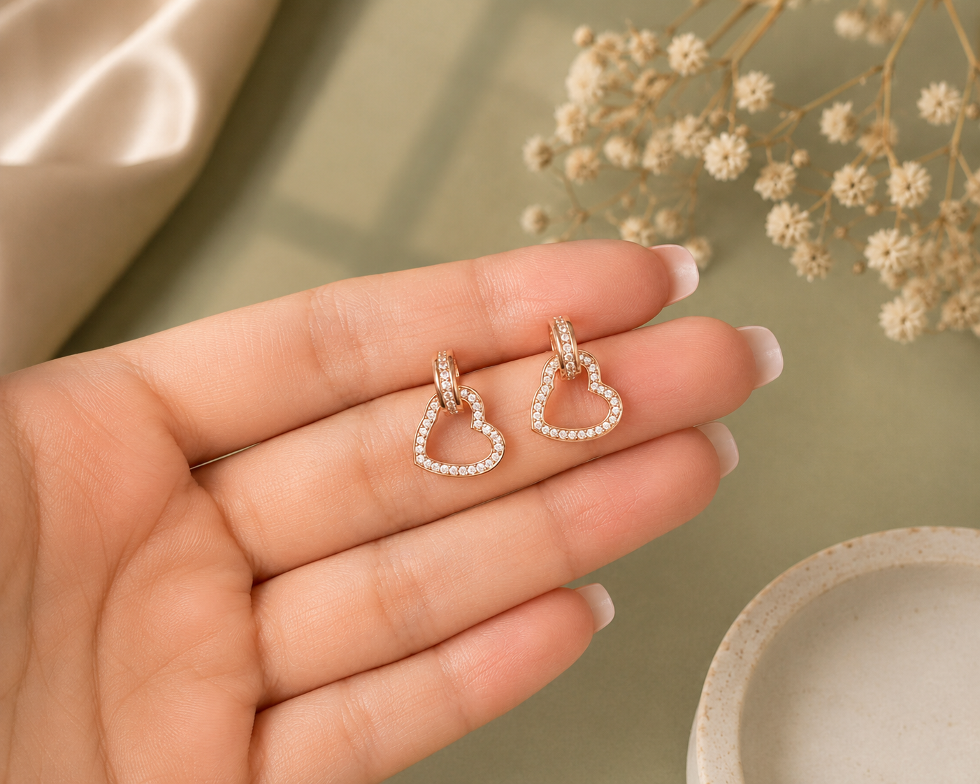Rose Gold Heart Drop Earrings with CZ Stones