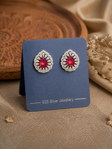 925 Sterling Silver Pear Shape Stud Earrings with Ruby Red CZ Stone