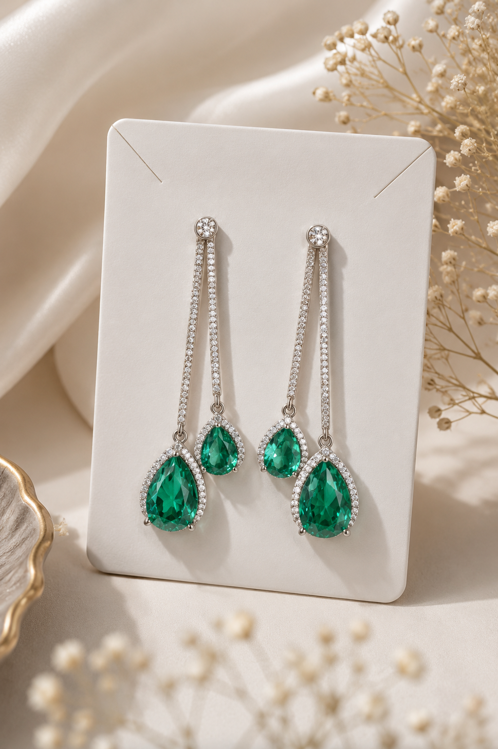 92.5 Sterling Silver Green Stone Long Dangle Earrings for Women