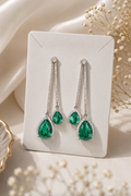 92.5 Sterling Silver Green Stone Long Dangle Earrings for Women