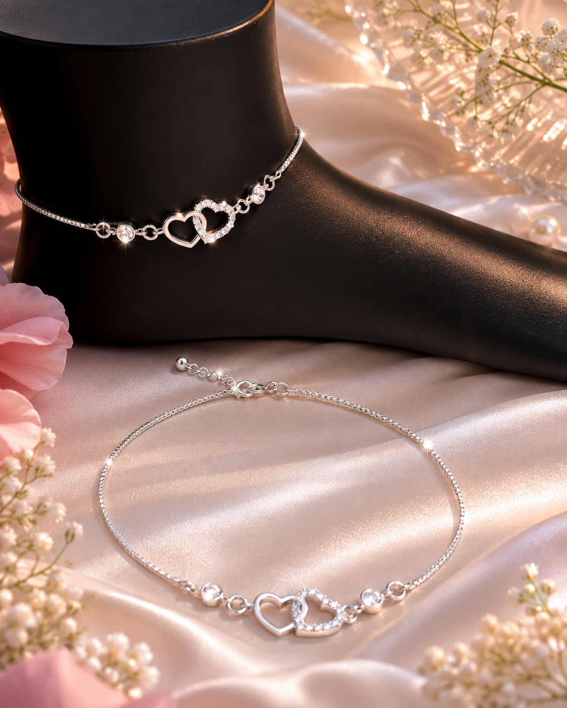925 Sterling Silver Heart Payal for Women with CZ Stones Adjustable Daily Wear Anklet
