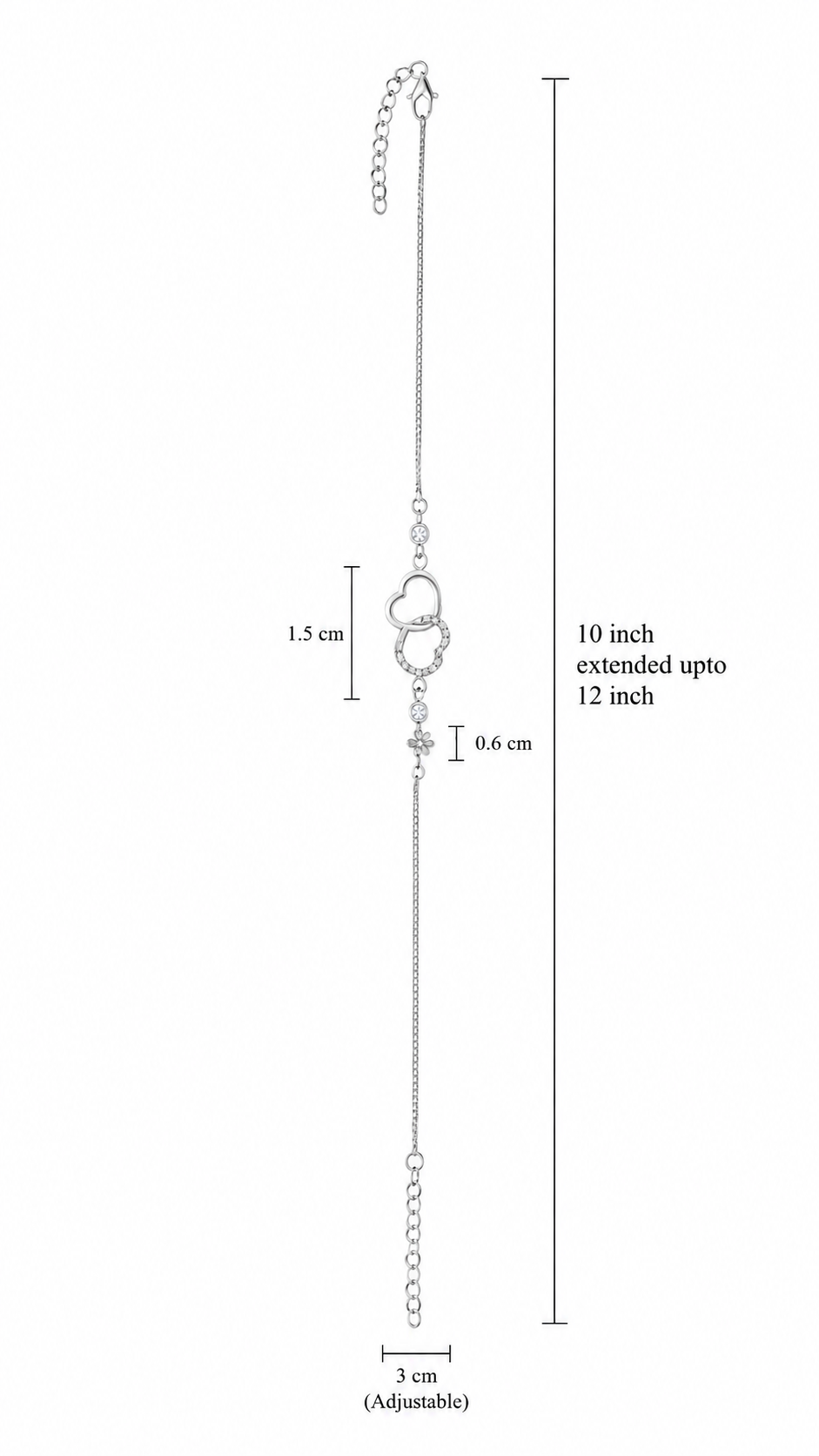 925 Sterling Silver Heart Anklet Size Chart 10 Inch Adjustable up to 12 Inch Silver Payal Measurements