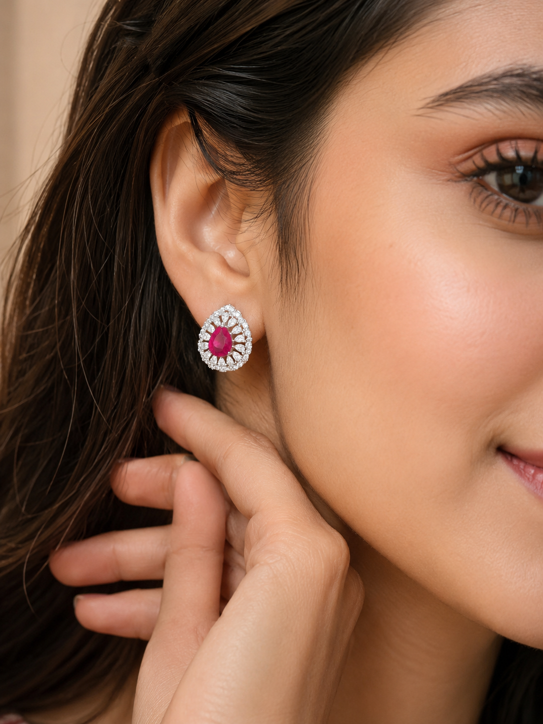 Premium 925 Sterling Silver Ruby and Green CZ Stud Earrings