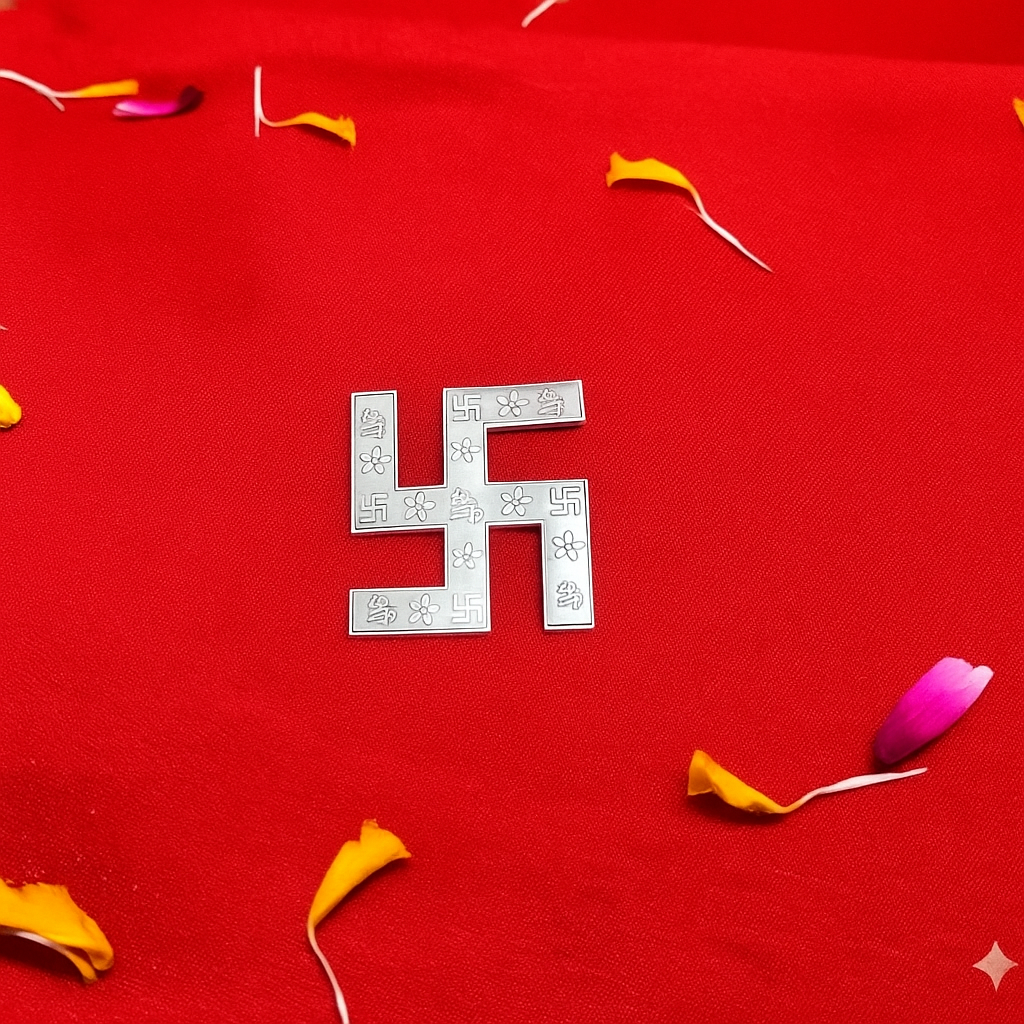 Silver Swastik Symbol with Floral Engraving – Auspicious Home Decor Piece