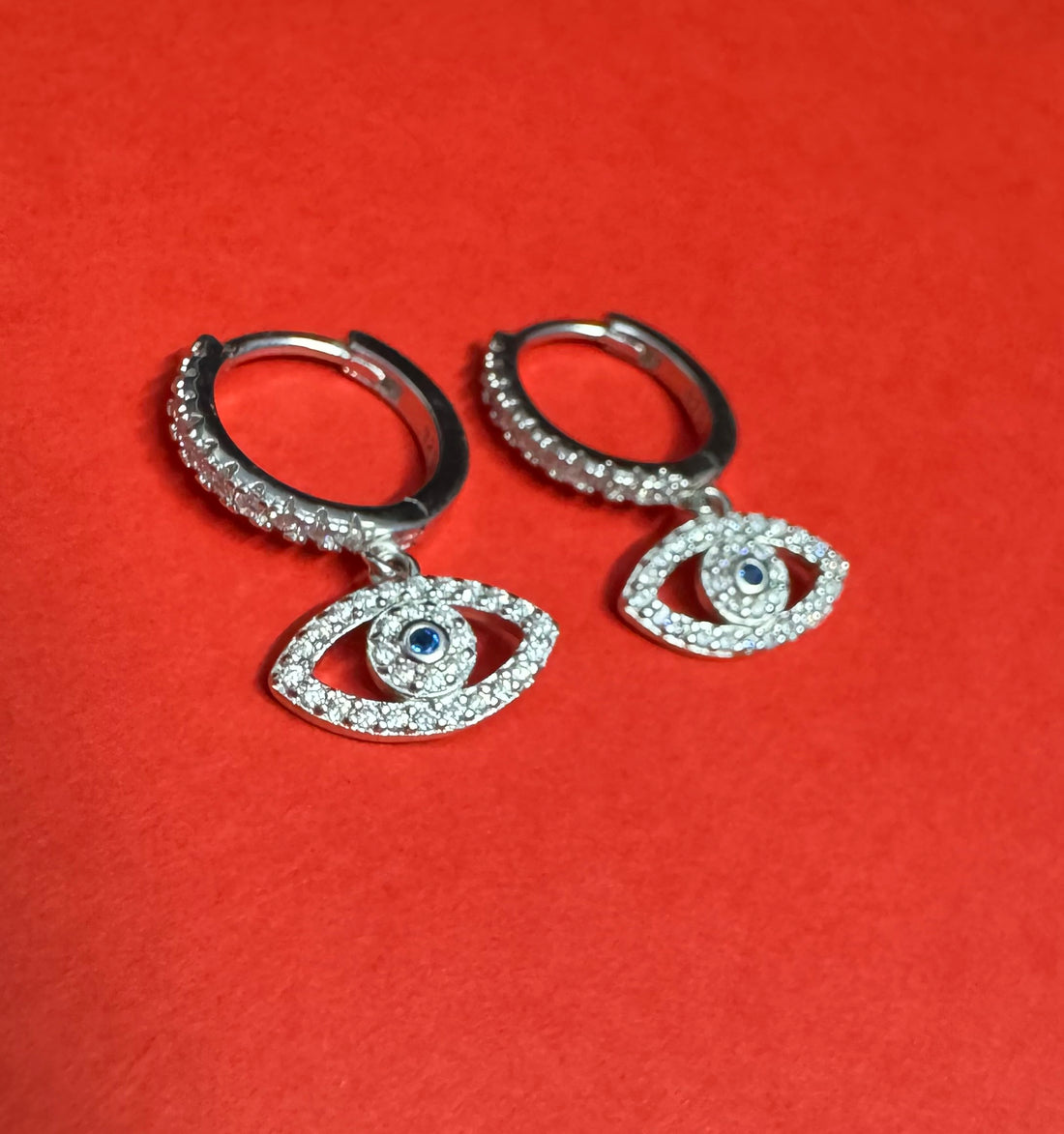 925 Sterling Silver Evil Eye Hoop Earrings with Blue Stone & Zircon