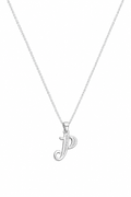 Silver necklace with a P' pendant on a white background