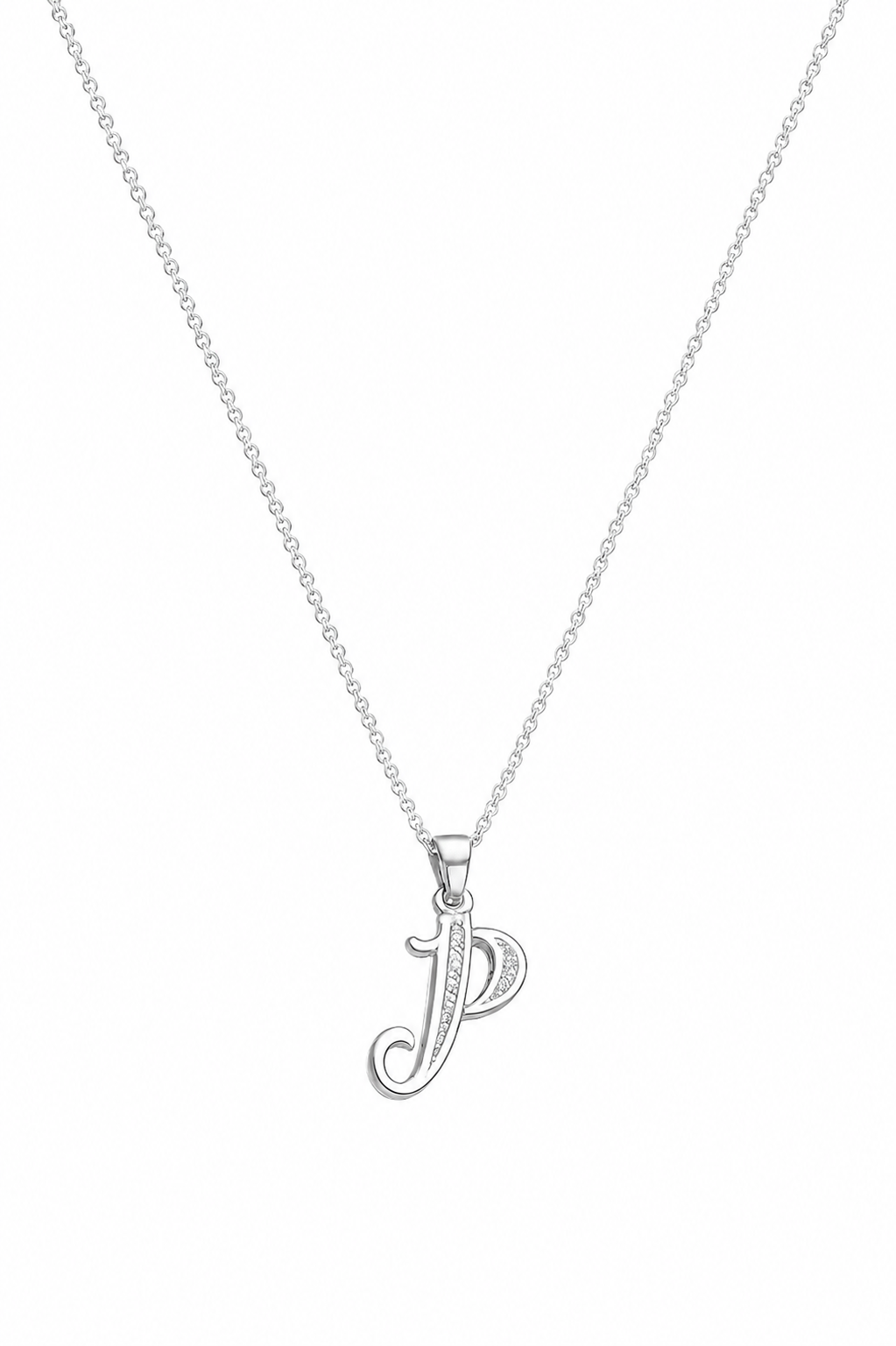Silver necklace with a P' pendant on a white background