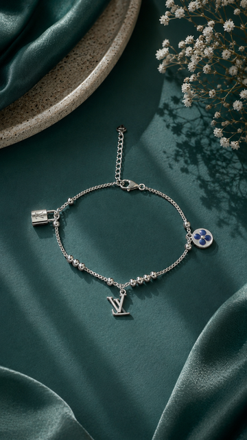 925 Sterling Silver LV Charm Bracelet for Women
