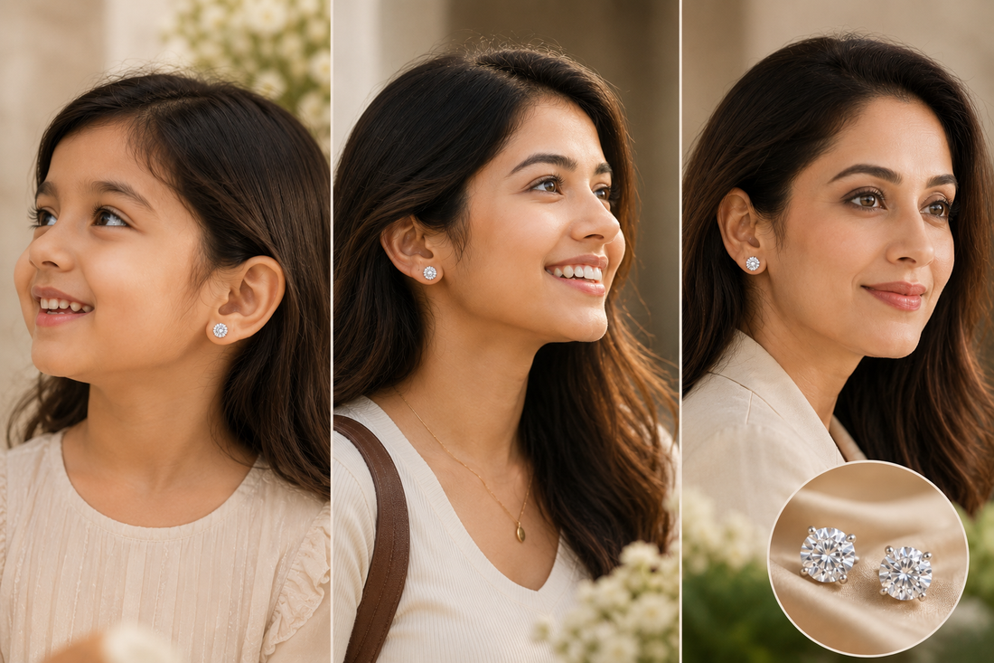 Hand holding a pair of silver stud earrings with a soft beige background