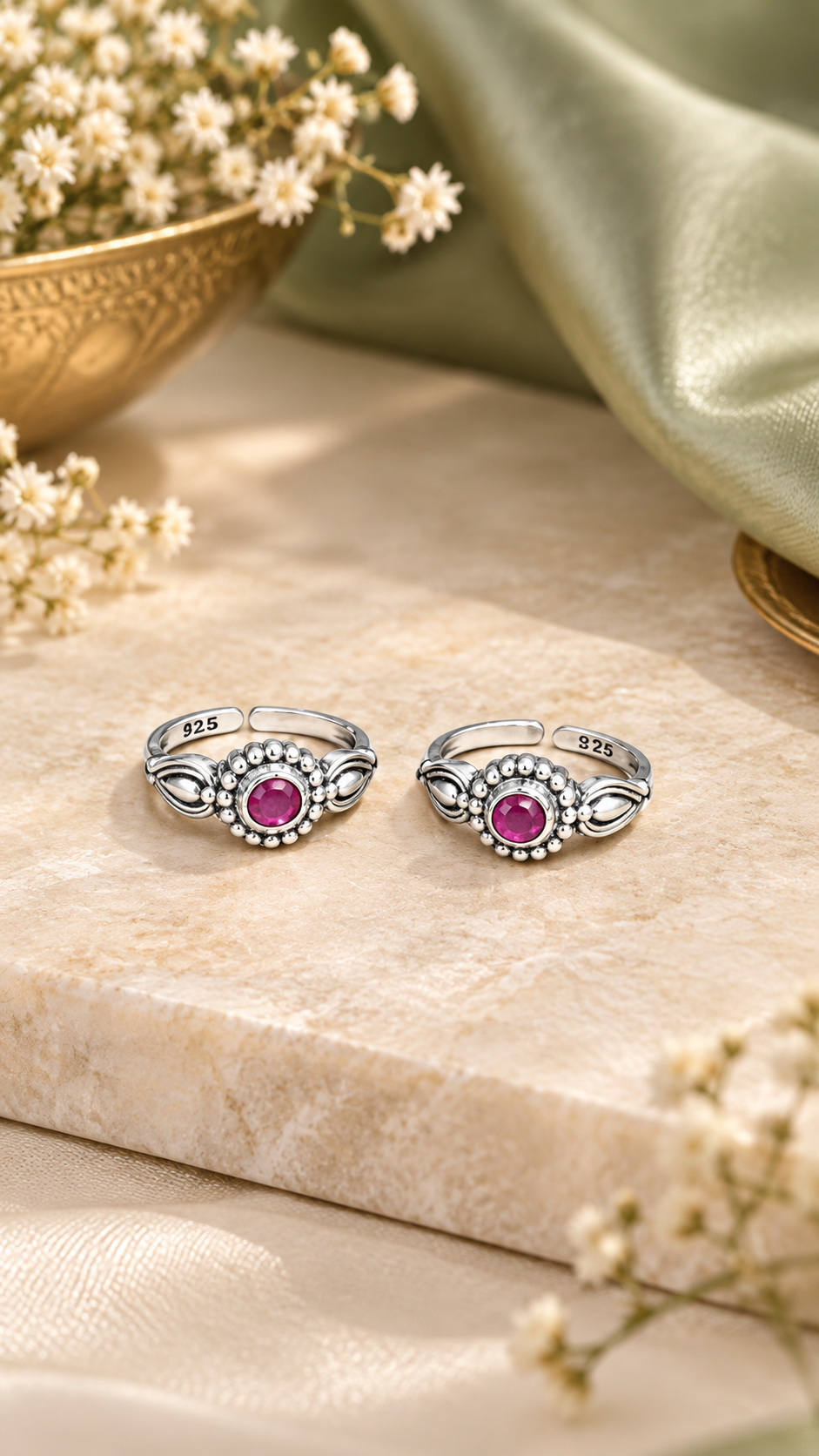Traditional floral pink stone silver bichiya pair with intricate detailing