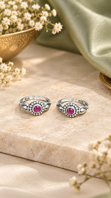 Traditional floral pink stone silver bichiya pair with intricate detailing
