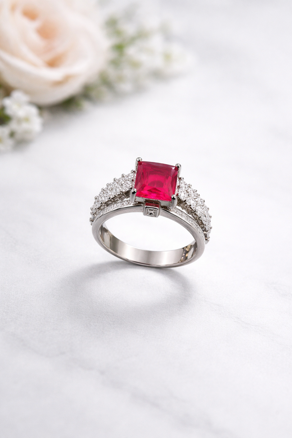 White and red stone ring for women in 925 sterling silver