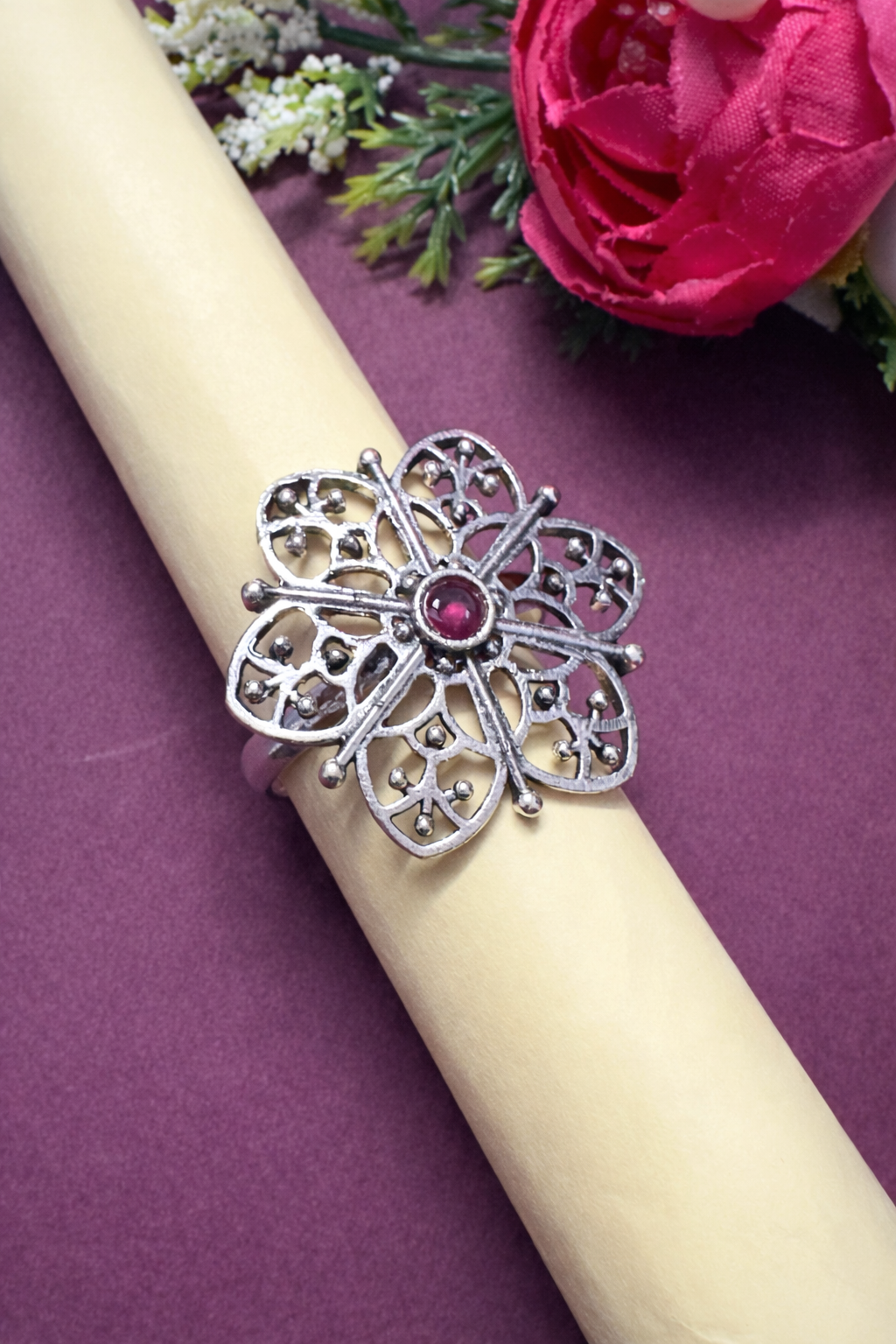 92.5 HM Silver Flower Ring With Pink Semi Precious Stone Antique Finish