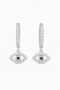 Woman wearing 925 Sterling Silver Evil Eye Hoop Earrings with Blue Gemstone and Zircon – Elegant Everyday Protection Jewelry