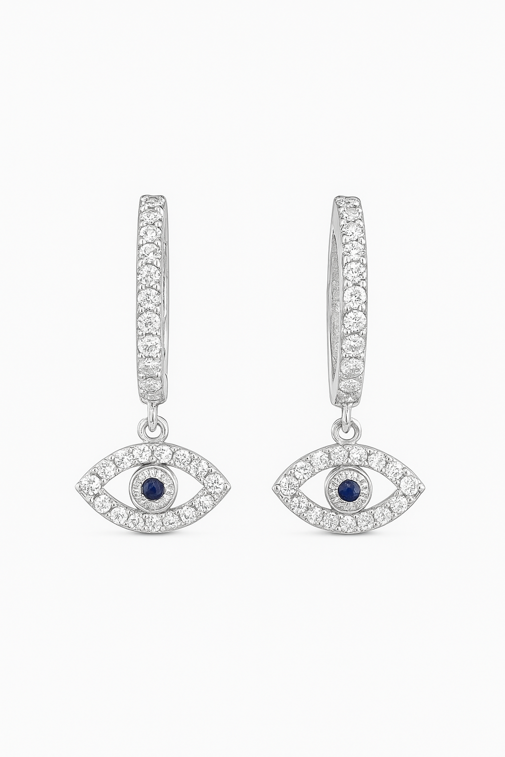 Woman wearing 925 Sterling Silver Evil Eye Hoop Earrings with Blue Gemstone and Zircon – Elegant Everyday Protection Jewelry