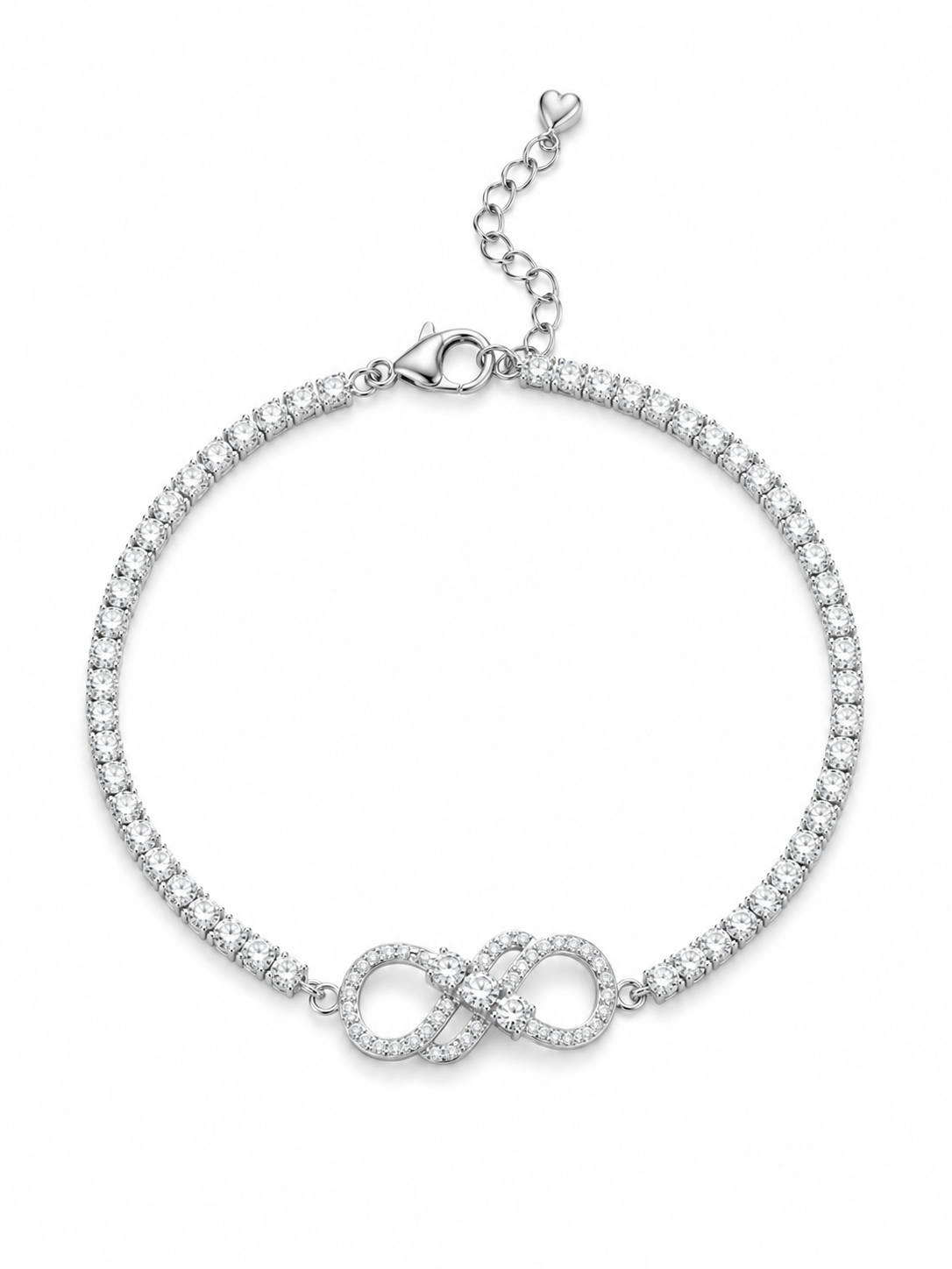 Silver bracelet with a diamond infinity symbol on a white background