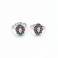 Pair of silver rings with colorful gemstones on a white background