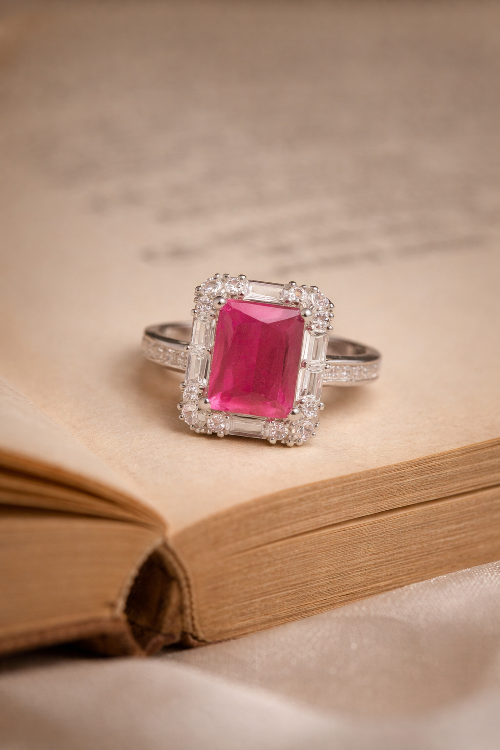 magenta swarovski crystal silver ring for women