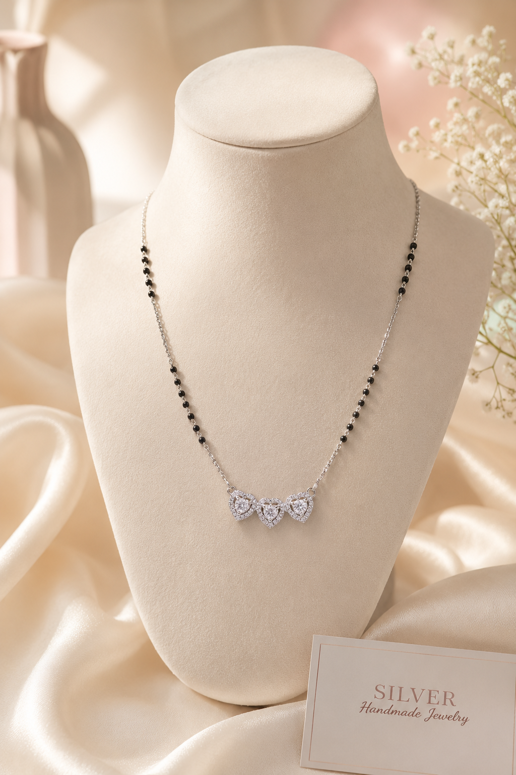Silver necklace with heart-shaped pendants on a mannequin bust with a 'SILVER Handmade Jewelry' card.