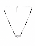Necklace with black beaded chain and silver heart-shaped pendant on a white background