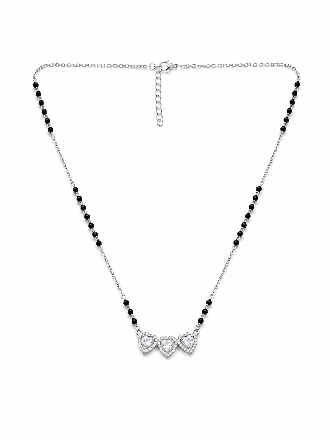 Necklace with black beaded chain and silver heart-shaped pendant on a white background