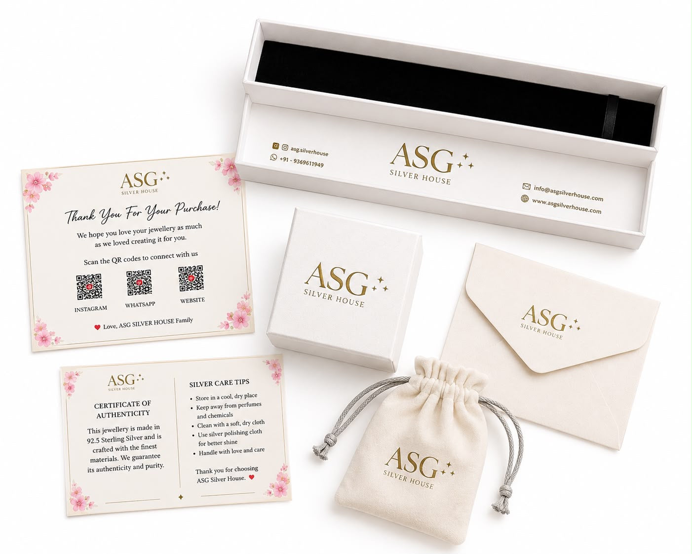 Silver House ASG jewelry packaging set featuring a white presentation box with a black interior, a white branded box, a cream drawstring pouch, a card of authenticity with pink floral accents, and care tips card, all arranged on a white background.